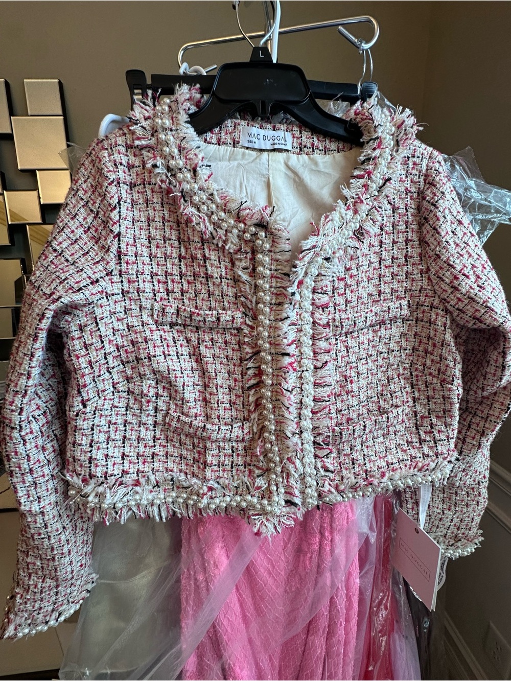 Mac Duggal Pink & Cream Tweed Fringe Blazer